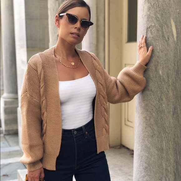 Last 1✨Zen Cable Knit Puff Sleeve Cardigan - Camel - Picture 1 of 6